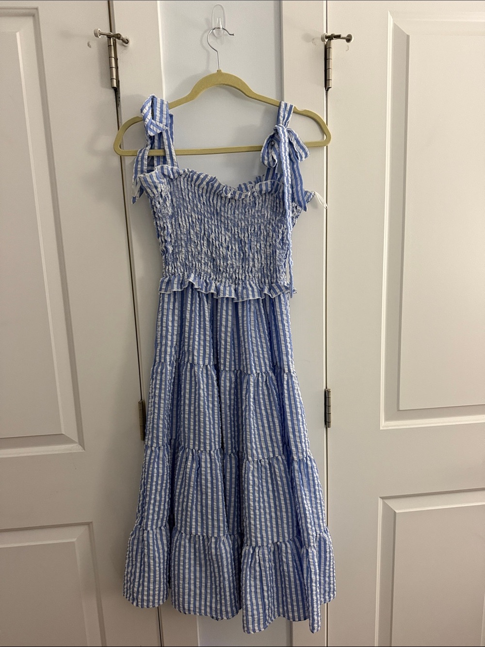 Blue Striped Tie-Shoulder Smocked Kids Dress